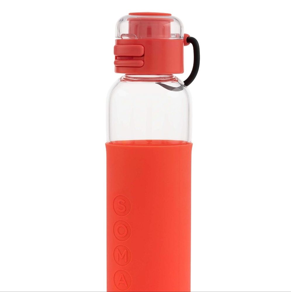 SOMA Glass Water Bottle with Silicone Sleeve, Sport Cap, Coral